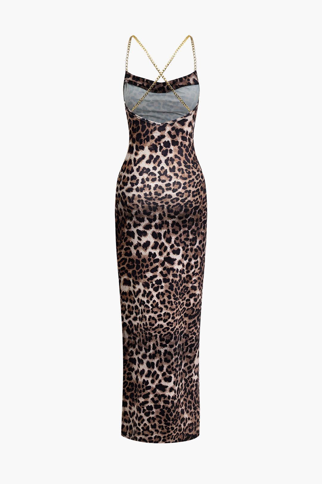 Leopard Print Cross Chain Backless Cowl Neck Slit Maxi Dress