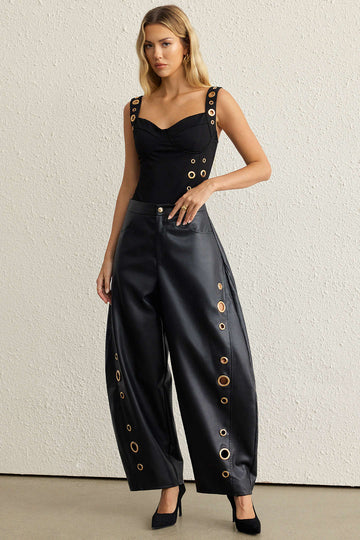 Faux Leather Metallic Zipper Hollow Out Ring Trousers
