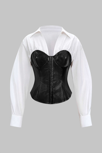Faux Leather Patchwork Hook And Eye Waist-Cinching Long-Sleeve Shirt