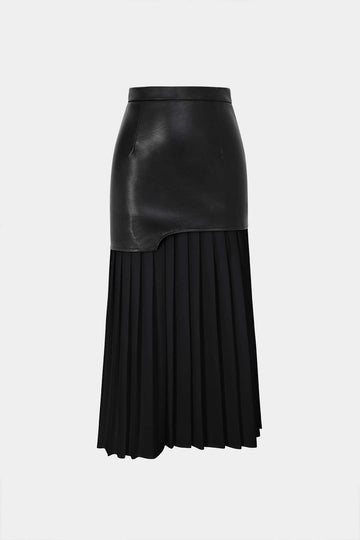 Jupe midi midi en faux cuir plissé de contraste