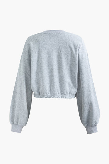 Basic Solid Round Neck Elastic Hem Crop Sweatshirt