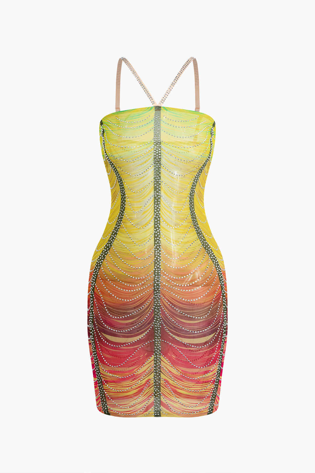Rainbow Striped Rhinestone Bodycon Mini Dress