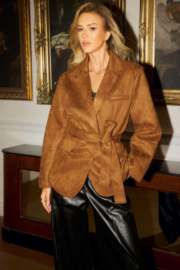 Suede Notched Lapel Tie-Up Pocket Blazer