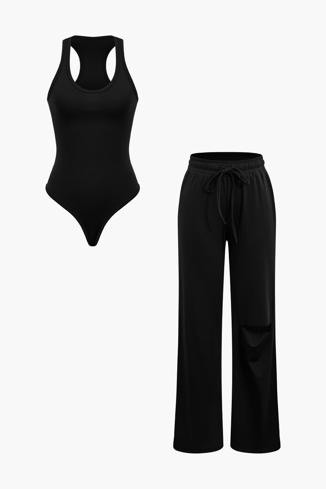 Basic mouwloze bodysuit met ronde hals en gescheurde broek met trekkoord en rechte pijpen