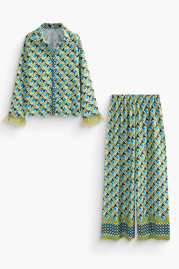 Geometric Print Fringe Cuff Shirt And Straight Leg Pants Set
