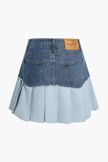 Patchwork Denim Pleated Mini Skirt