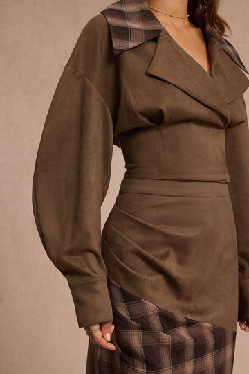 Suede Patchwork Notched Lapel Long-Sleeve Top