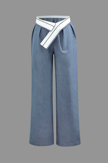 Low Rise Contrast Waistband Pleated Wide Leg Pants