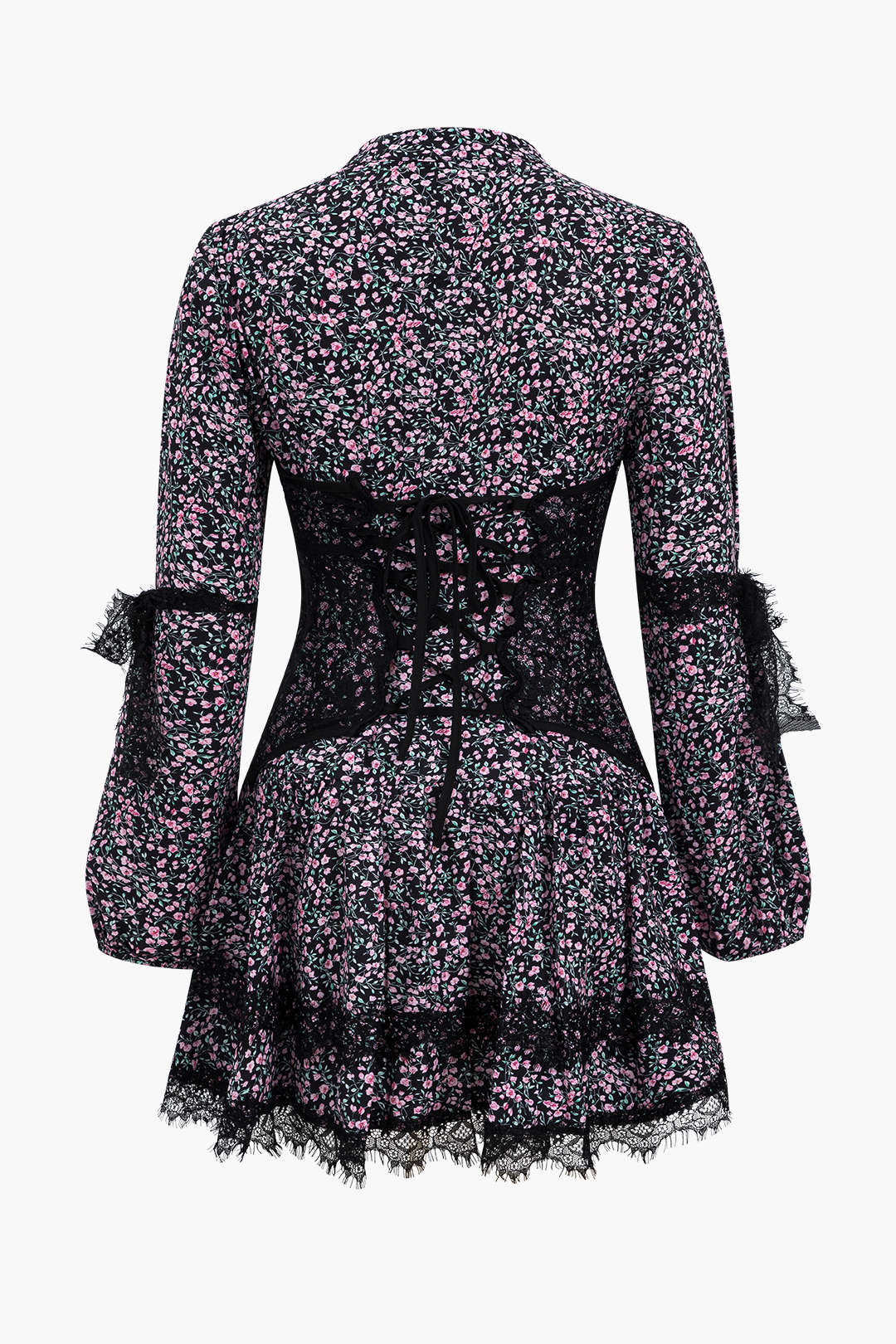 Ditsy Floral Print Lace Trim Long Sleeve Mini Dress