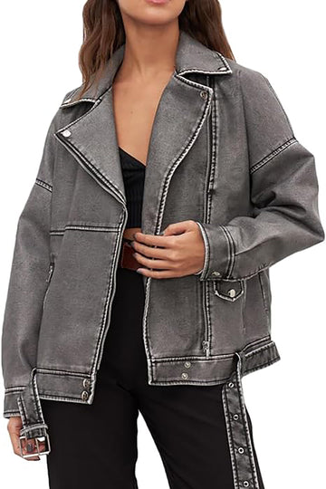 Faux Leather Notched Lapel Zipper Belted Jacket