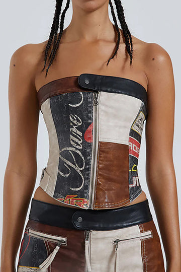 Contrast Letter Print Faux Leather Zipper Strapless Top