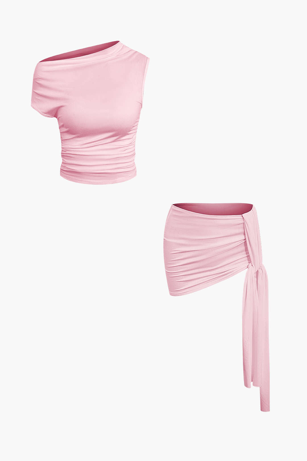 Basic Asymmetrical Ruched Crop Top And Tie Mini Skirt Set