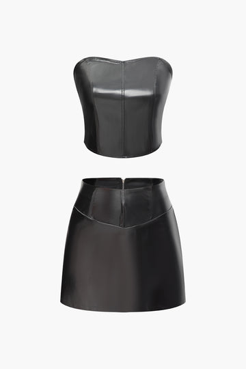 Faux Leather Tube Top And Zipper Skirt Set