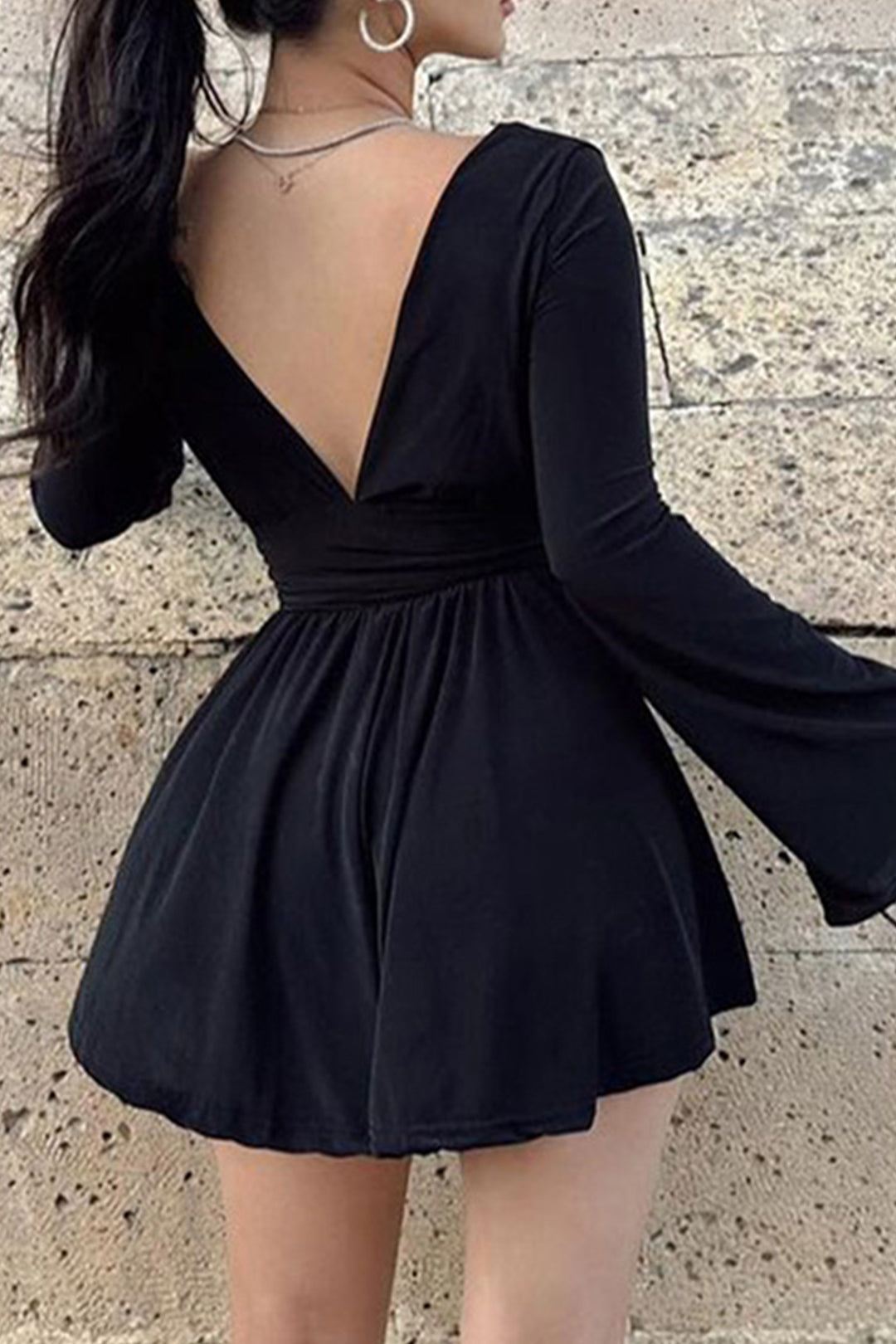 V-neck Long Sleeve Pleated Mini Dress