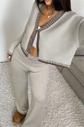 Knit Contrast Binding Button Cardigan And Straight Leg Pants Set