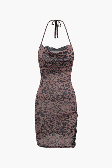 Leopard Print Lace Trim Mesh Halter Mini Dress