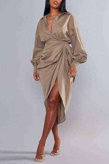 V-Neck Ruched Slit Midi Dress