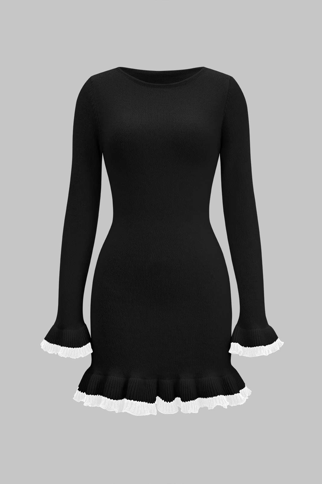 Knit Contrast Ruffle Binding Long Sleeve Dress