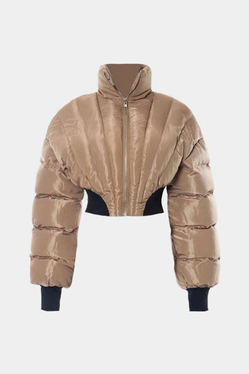 Stand Collar Zipper Long Sleeve Puffer