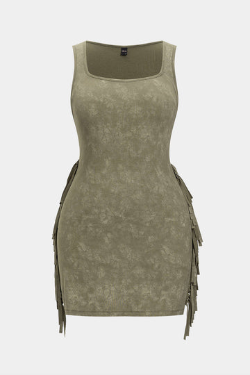 زائد حجم ربطة التعادل طباعة هامش مربع الرقبة بلا أكمام فستان صغير