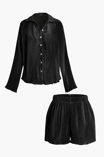 Pleated Button-Up Shirts And Shorts Set