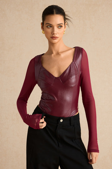 Faux Leather Bustier Long Sleeve Bodysuit