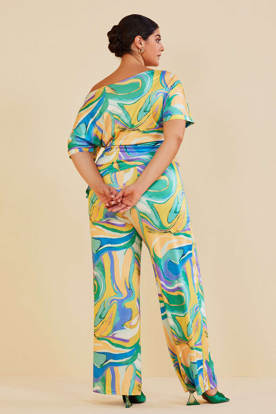Plus Size Abstract Print Boat Neck Pants Set