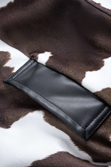 Color Block Print Faux Leather Patchwork Shirred Zipper Jacket