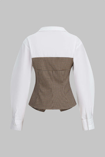 Plaid Print Irregular Button Zipper Long-Sleeved Top