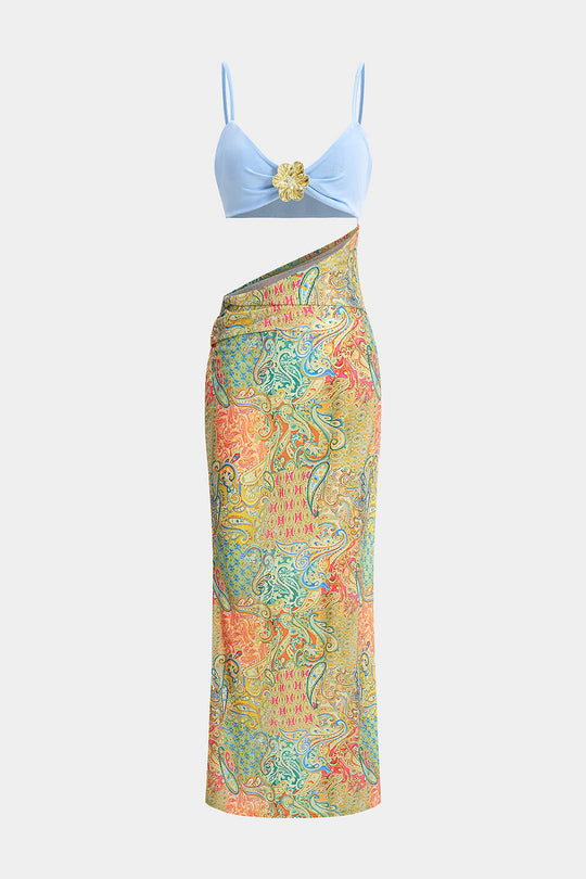 abstract print fitted midi slip dress L'AGENCE Seridie Silk Slip Dress in Teal Multi Mix Feather