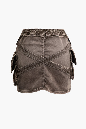 V-waist Buckle Flap Pocket Denim Cargo Skirt