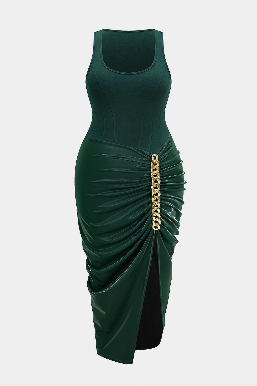 Plus Size Metallic Ruched Square Neck Sleeveless Midi Dress