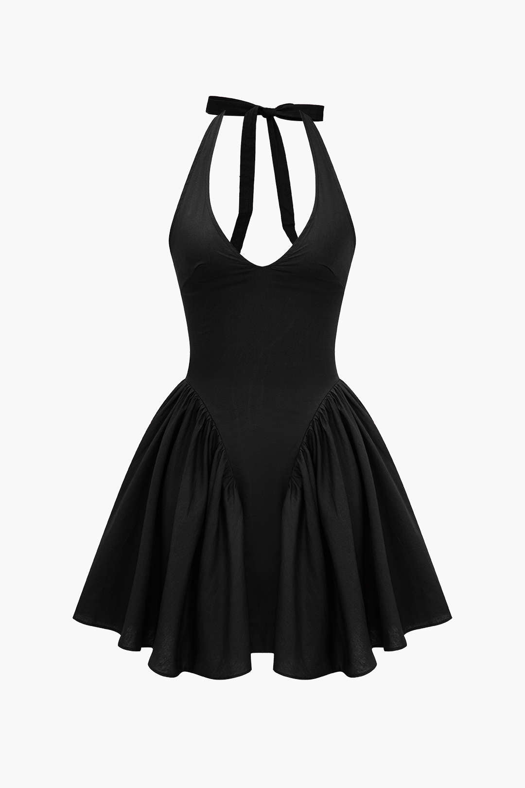 Solid Halter V-neck Ruched Mini Dress