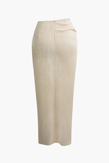 Linen Asymmetric Ruched Slit Midi Skirt