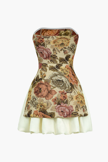 Blumendruck trägerloser Patchworkschlitz Mini Kleid