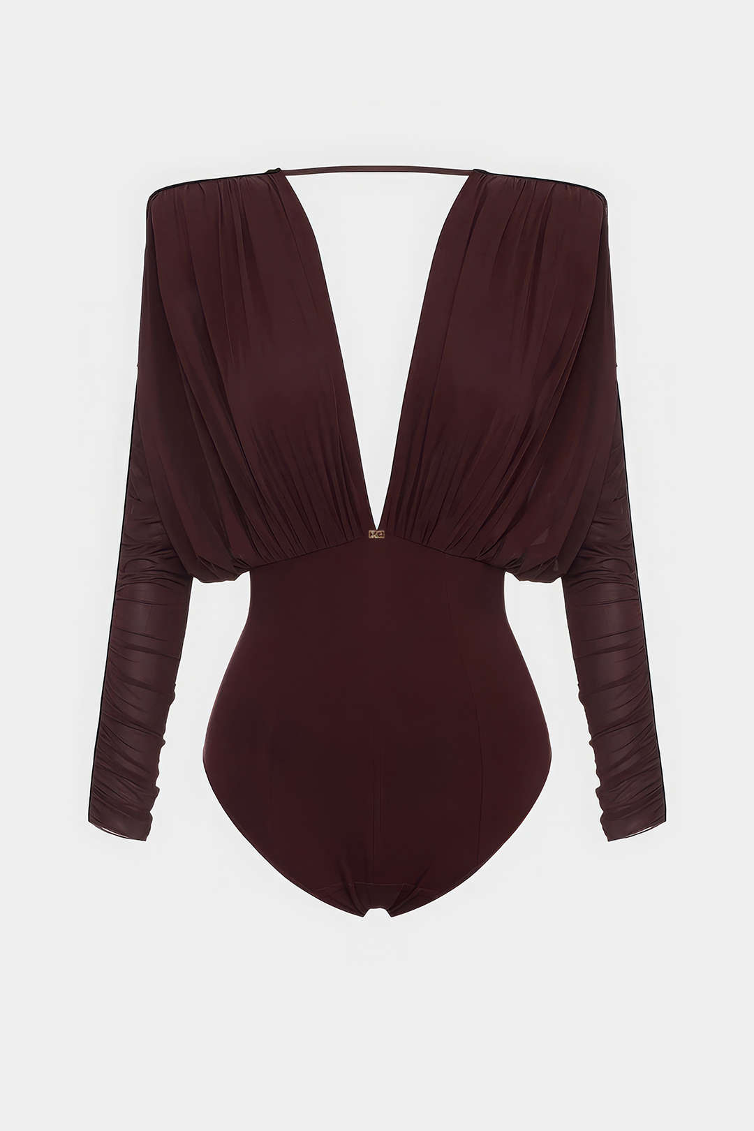 Mesh Ruched V-Neck Long Sleeve Bodysuit