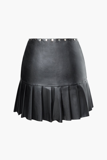 Faux Leather Zipper Pleated Mini Skirt