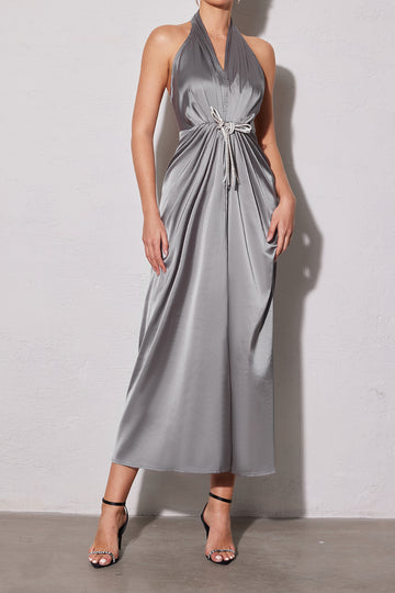 Satin Backless Halter V-neck Ruched Maxi Dress With Tie
