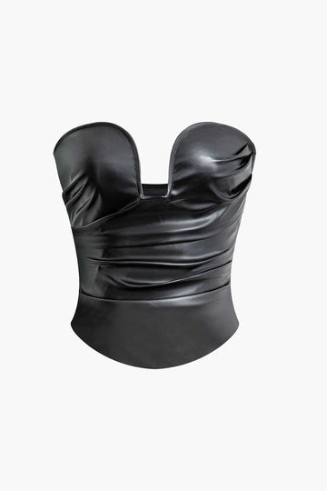 Asymmetrical Faux Leather Ruched Tube Top
