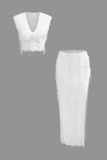 Distressed V-neck Cap Sleeve Crop Top And Slit Maxi Skirt Set