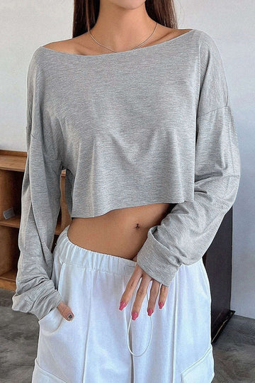 Cropped Long Sleeve Boat Neck Sweatshirt