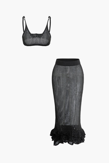 Adjustable Strap Open Knit Cami Top And Ruffle Hem Midi Skirt Set