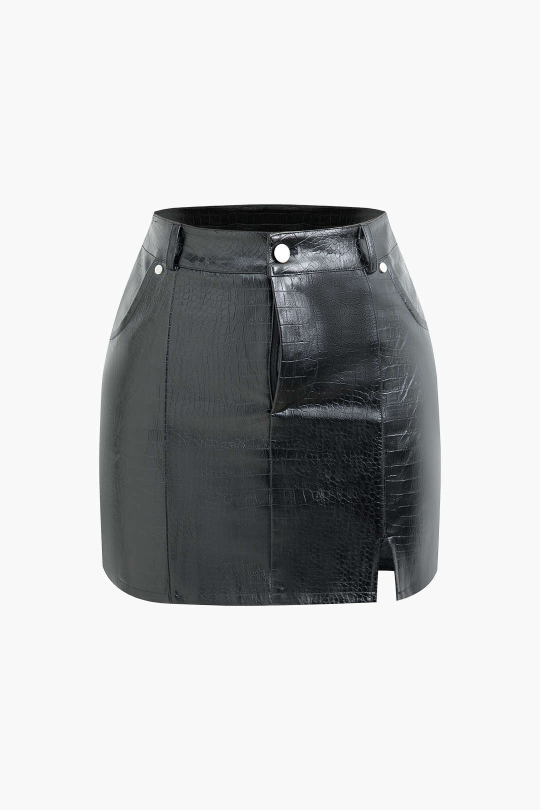 Croc-effect Leather High Waist Split Mini Skirt