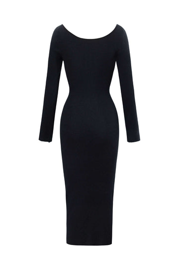 Solid V-neck Knit Twist Cut Out Long Sleeve Dress