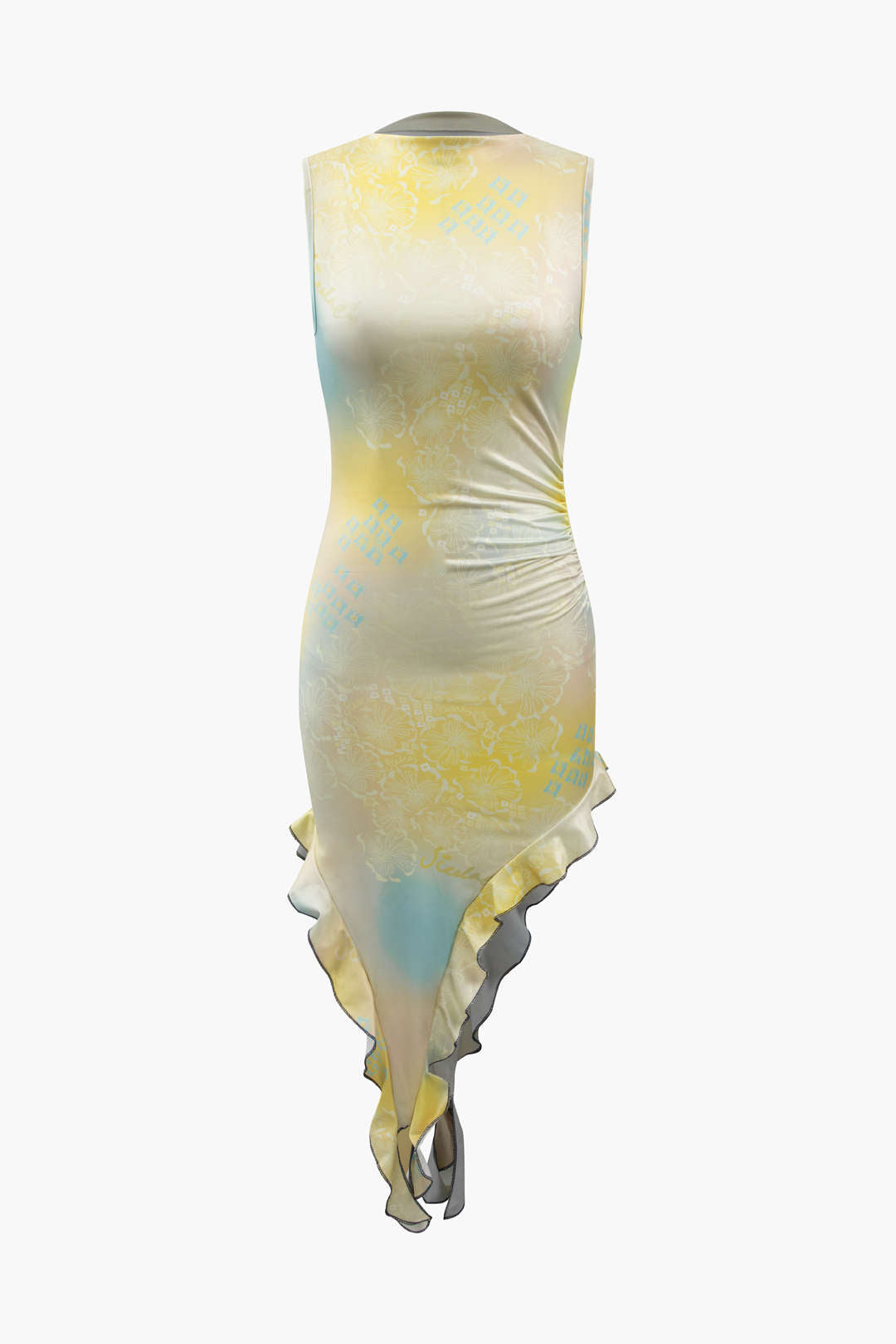 Flower Print Asymmetric Ruffle Sleeveless Midi Dress