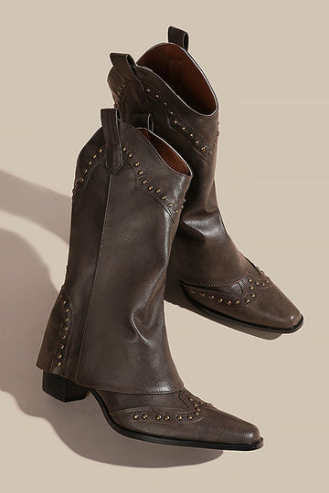 Cowboy Metal Studded Detail Foldover Chunky Heeled Boots