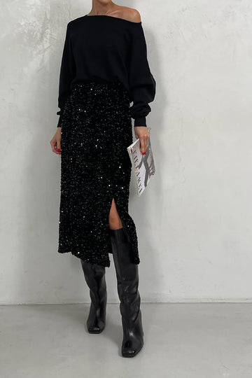 Sequin Elastic Waist Split Midi Skirt