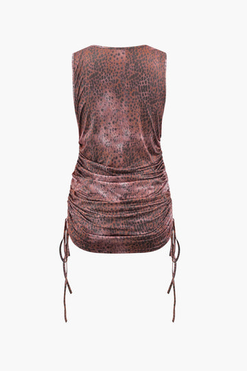 Leopard Print Ruched Drawstring Sleeveless Mini Dress