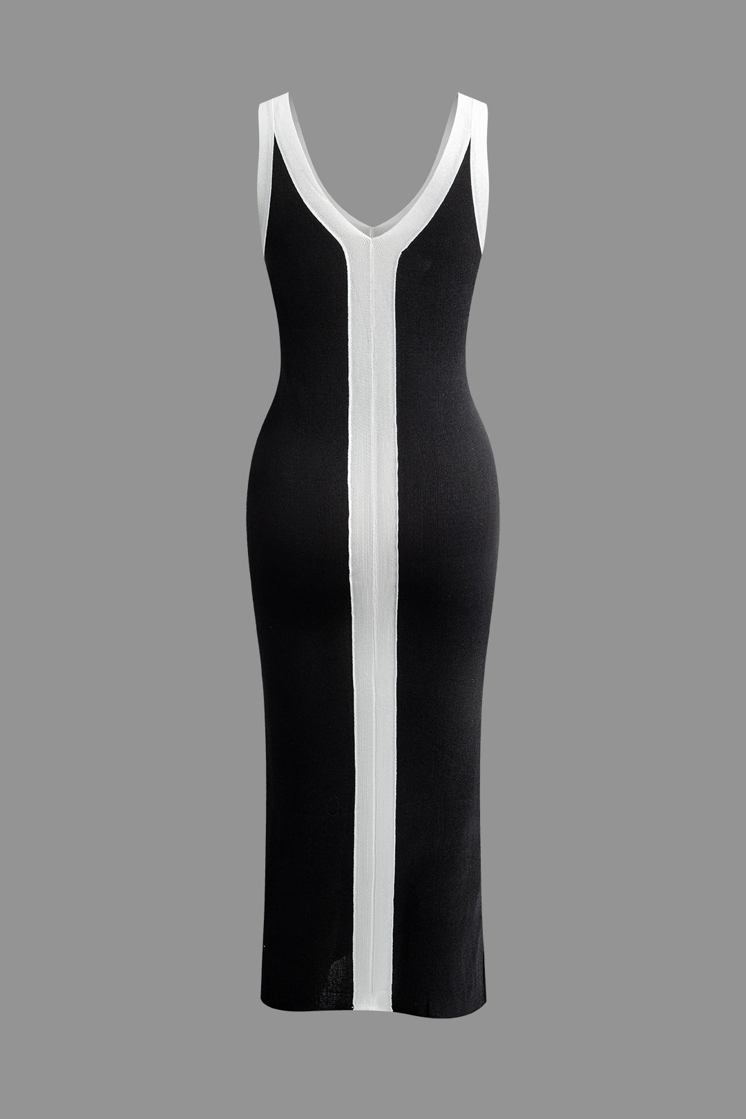Contrast V-neck Slit Knit Midi Dress