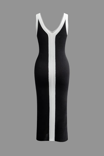 Contrast V-neck Slit Knit Midi Dress